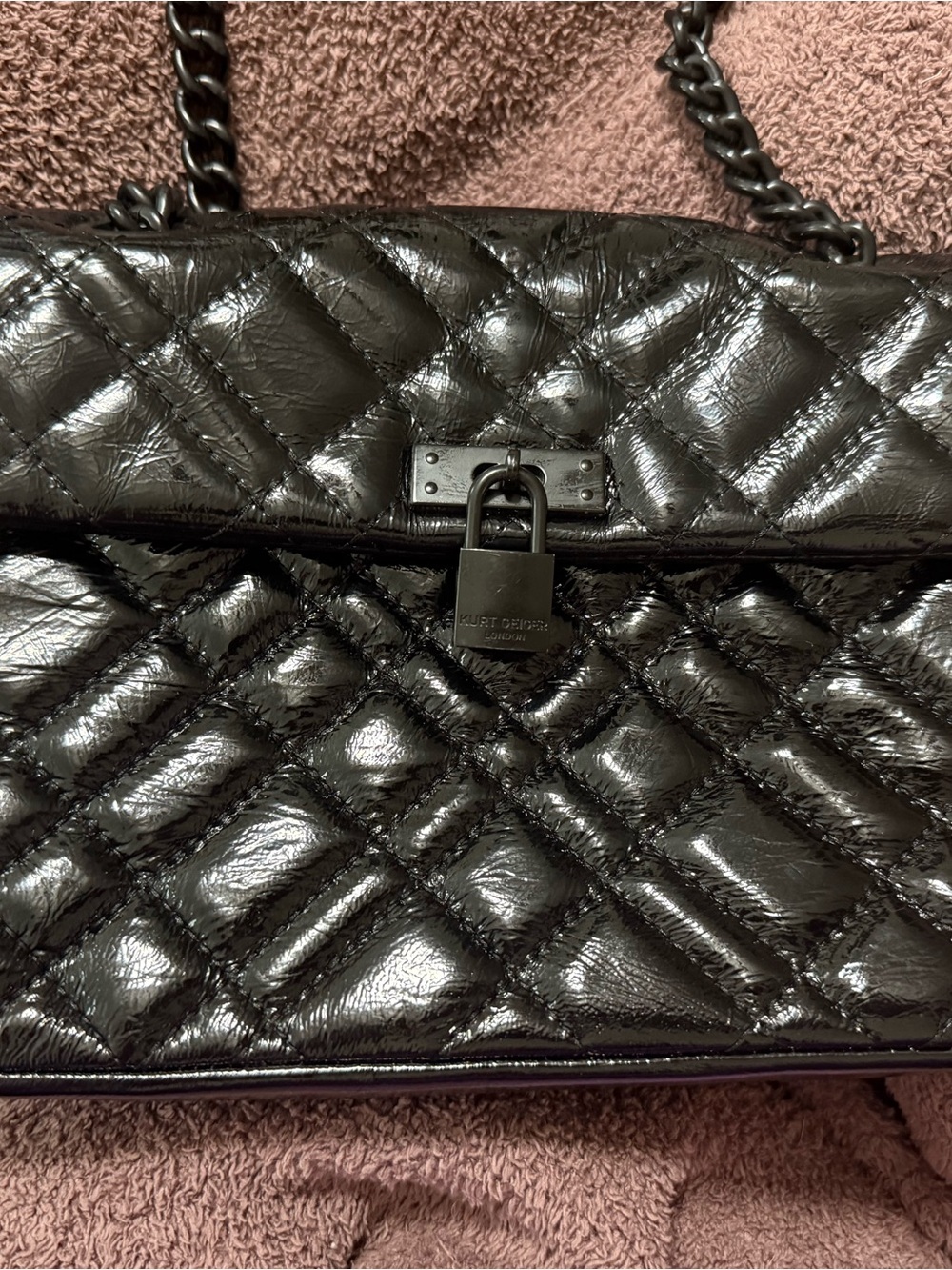 Kurt Geiger Black Quilted Brixton Patent Shoulder Bag with Padlock